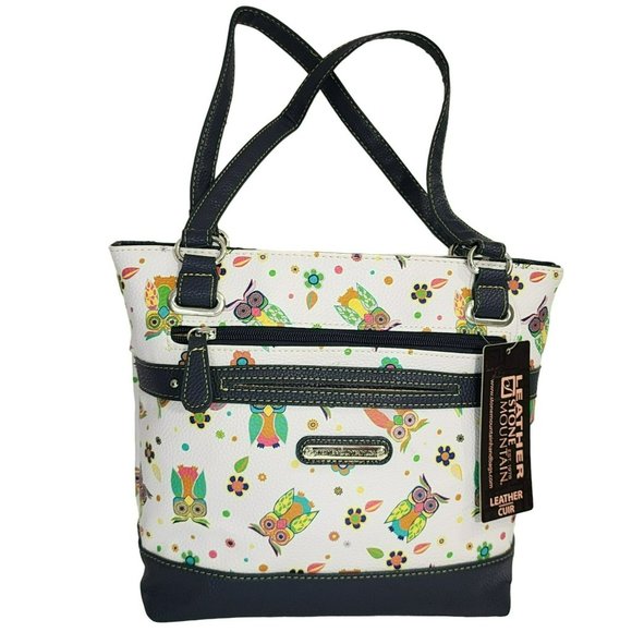 Stone Mountain Bonded Leather Printed Owls Megan Tote Shoulder Handbag 8 Pockets - Picture 4 of 16